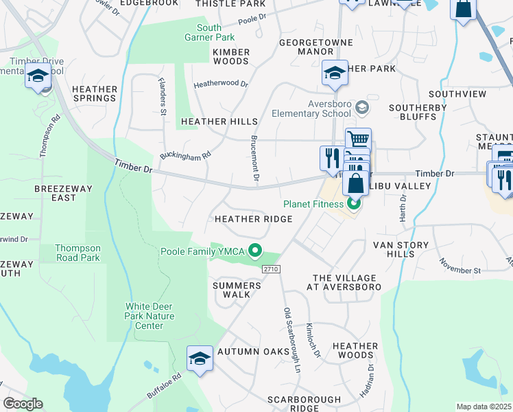 map of restaurants, bars, coffee shops, grocery stores, and more near 201 Whithorne Drive in Garner