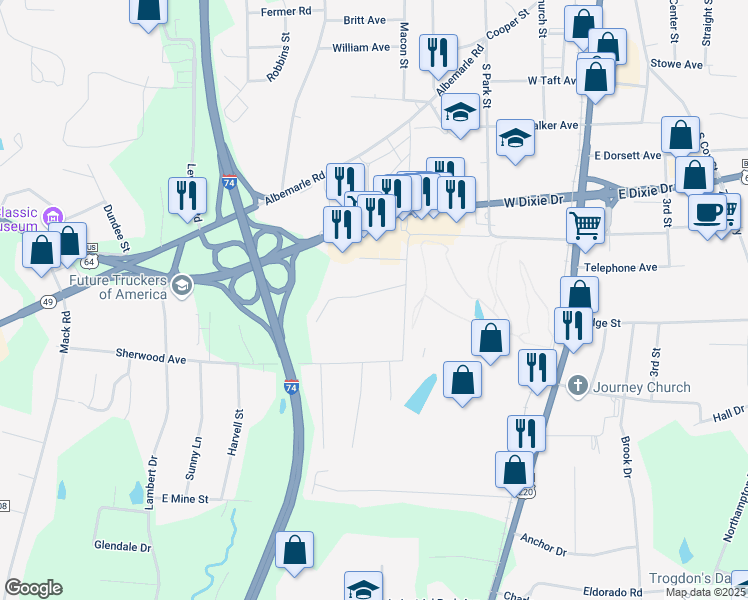 map of restaurants, bars, coffee shops, grocery stores, and more near 731 Morgan Avenue in Asheboro