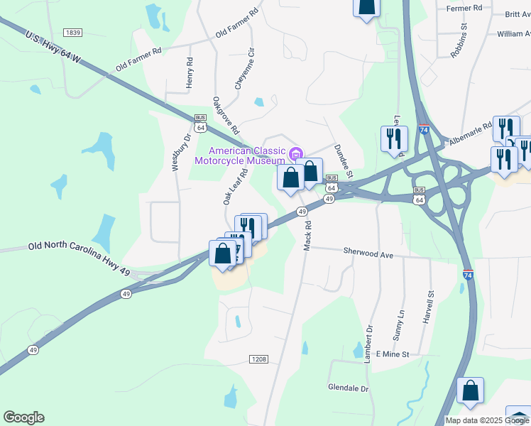 map of restaurants, bars, coffee shops, grocery stores, and more near 264 North Carolina 49 in Asheboro