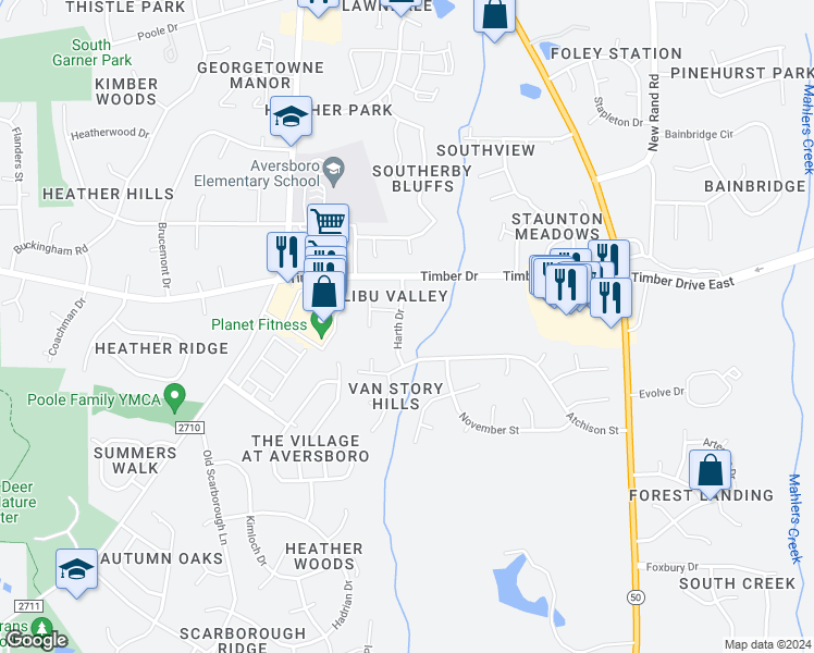 map of restaurants, bars, coffee shops, grocery stores, and more near 1503 Harth Drive in Garner