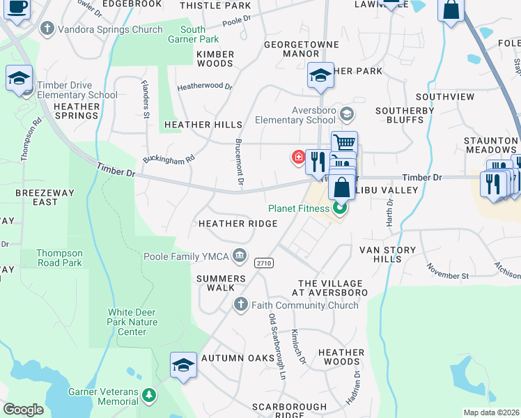 map of restaurants, bars, coffee shops, grocery stores, and more near 102 Stowe Place in Garner