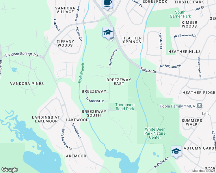 map of restaurants, bars, coffee shops, grocery stores, and more near 106 Briar Rose Lane in Garner