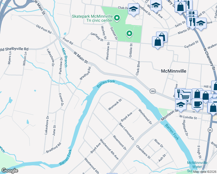 map of restaurants, bars, coffee shops, grocery stores, and more near 312 Westwood Drive in McMinnville