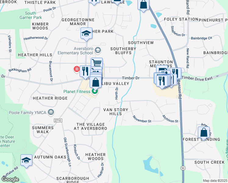 map of restaurants, bars, coffee shops, grocery stores, and more near 1502 Harth Drive in Garner