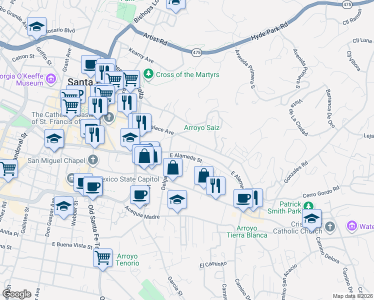 map of restaurants, bars, coffee shops, grocery stores, and more near 523 East Alameda Street in Santa Fe