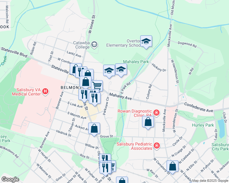 map of restaurants, bars, coffee shops, grocery stores, and more near 322 Mahaley Avenue in Salisbury