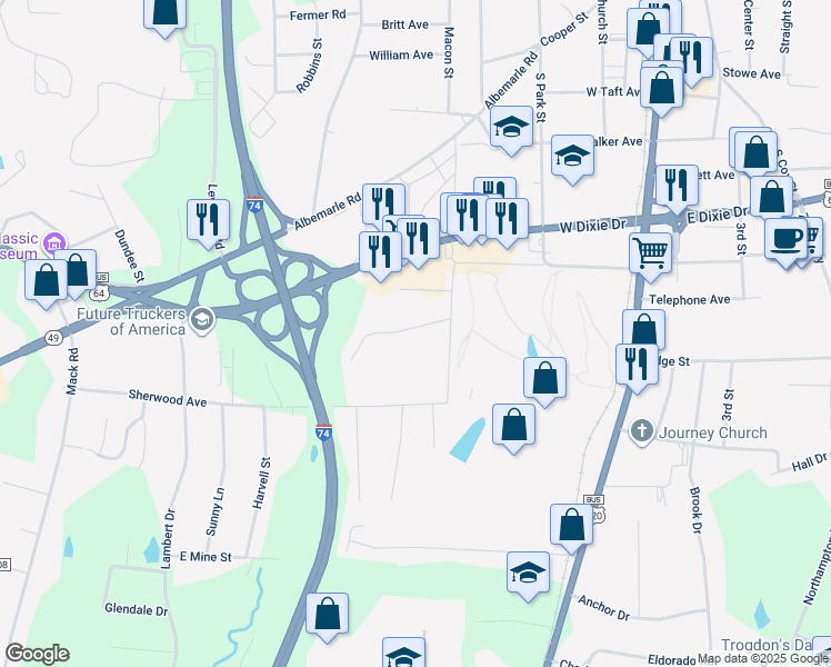 map of restaurants, bars, coffee shops, grocery stores, and more near 731 Morgan Avenue in Asheboro