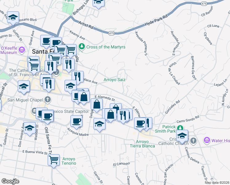 map of restaurants, bars, coffee shops, grocery stores, and more near 542 East Palace Avenue in Santa Fe