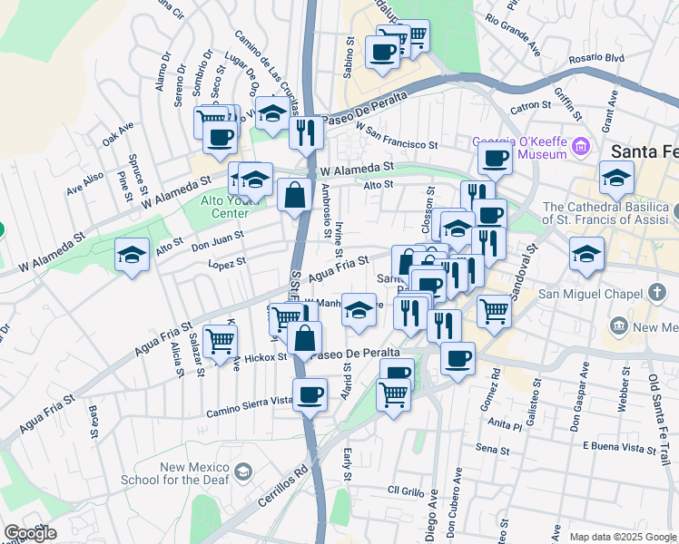 map of restaurants, bars, coffee shops, grocery stores, and more near 762 Agua Fria Street in Santa Fe