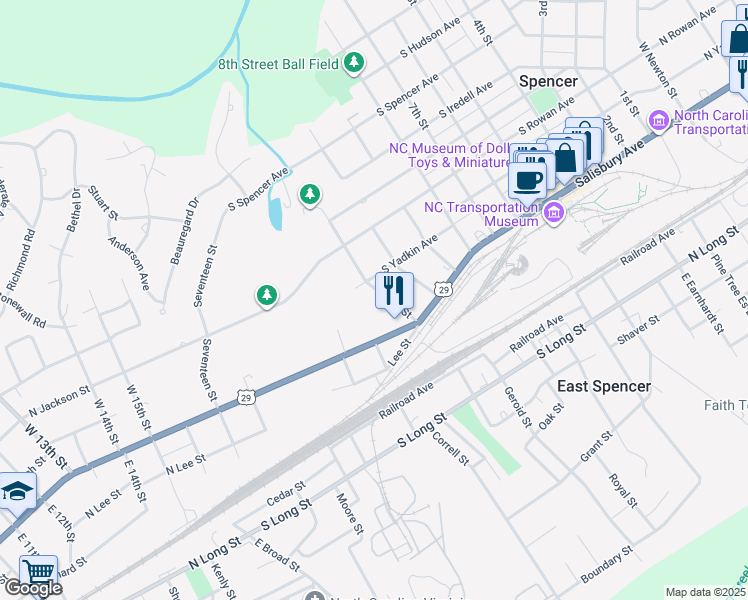 map of restaurants, bars, coffee shops, grocery stores, and more near 123 11th Street in Spencer