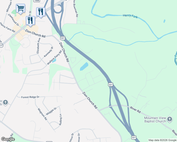 map of restaurants, bars, coffee shops, grocery stores, and more near 4691 Yoder Road in Hickory