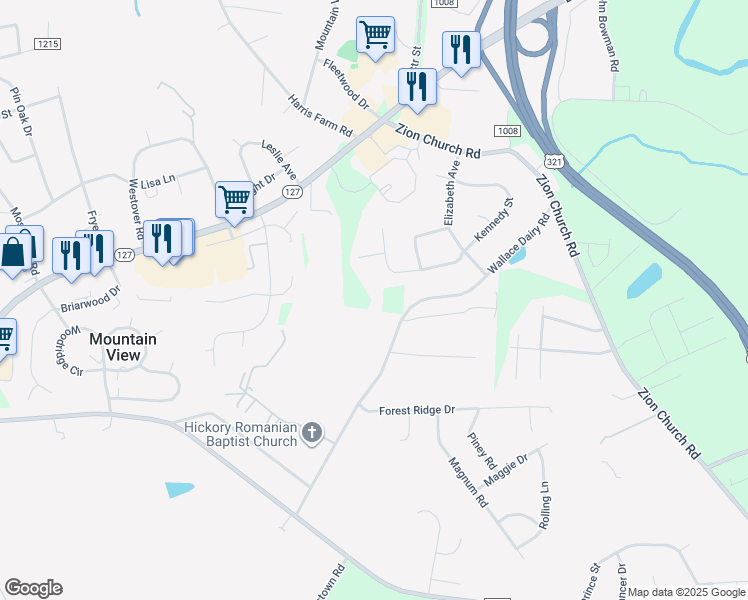 map of restaurants, bars, coffee shops, grocery stores, and more near 1915 Wallace Dairy Road in Hickory