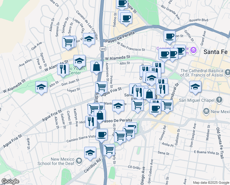 map of restaurants, bars, coffee shops, grocery stores, and more near 762 Agua Fria Street in Santa Fe