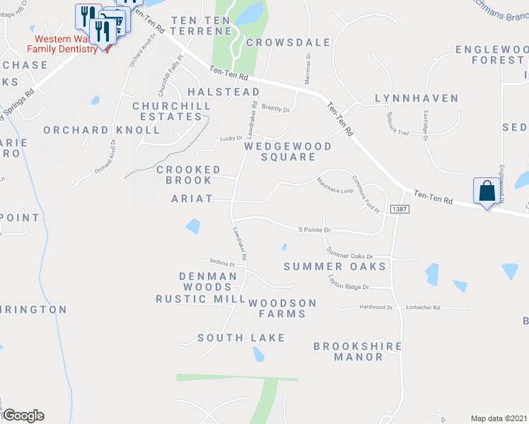 map of restaurants, bars, coffee shops, grocery stores, and more near 3632 South Pointe Drive in Apex
