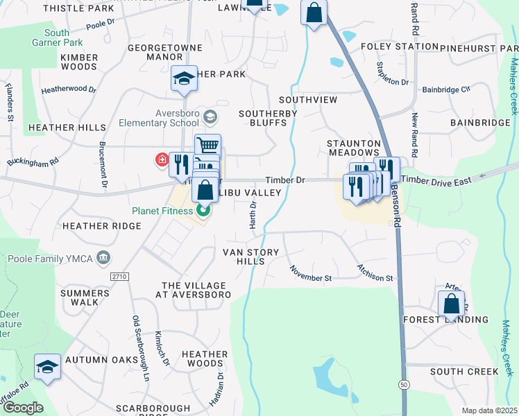 map of restaurants, bars, coffee shops, grocery stores, and more near 1501 Harth Drive in Garner