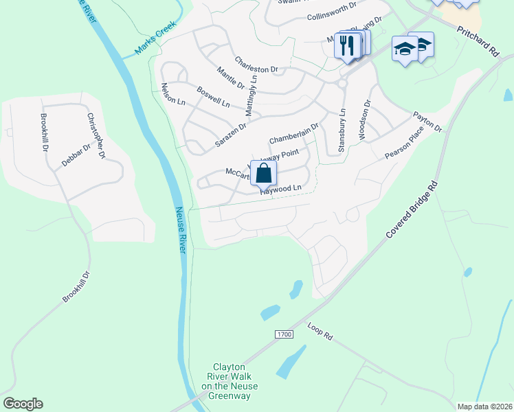 map of restaurants, bars, coffee shops, grocery stores, and more near 236 East Webber Lane in Clayton