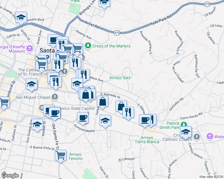 map of restaurants, bars, coffee shops, grocery stores, and more near 523 East Alameda Street in Santa Fe