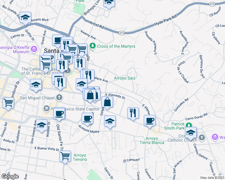map of restaurants, bars, coffee shops, grocery stores, and more near 523 East Alameda Street in Santa Fe