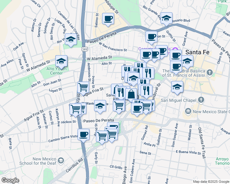 map of restaurants, bars, coffee shops, grocery stores, and more near in Santa Fe