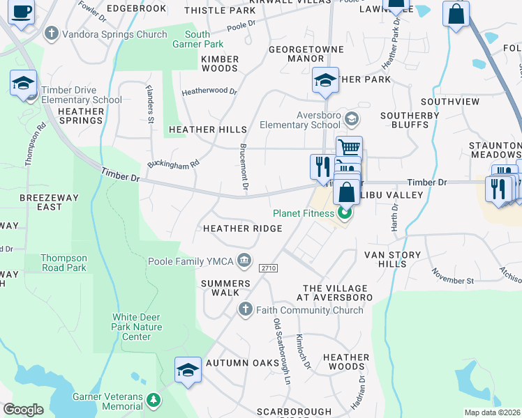 map of restaurants, bars, coffee shops, grocery stores, and more near 102 Stowe Place in Garner