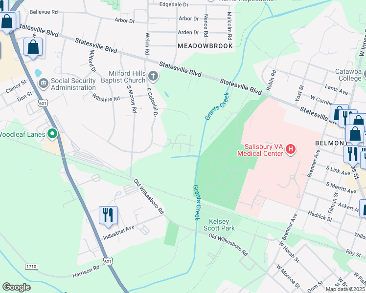 map of restaurants, bars, coffee shops, grocery stores, and more near 303 Larchmont Pl in Salisbury
