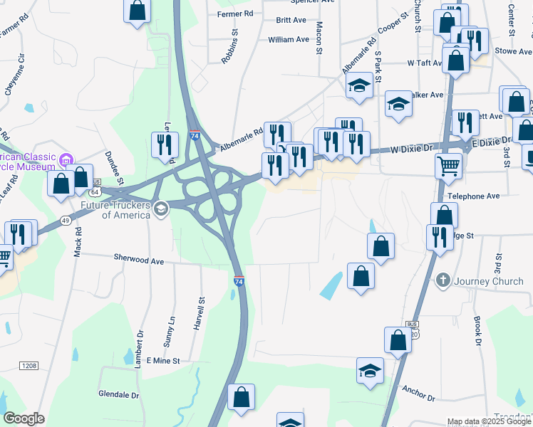 map of restaurants, bars, coffee shops, grocery stores, and more near 816 Morgan Avenue in Asheboro