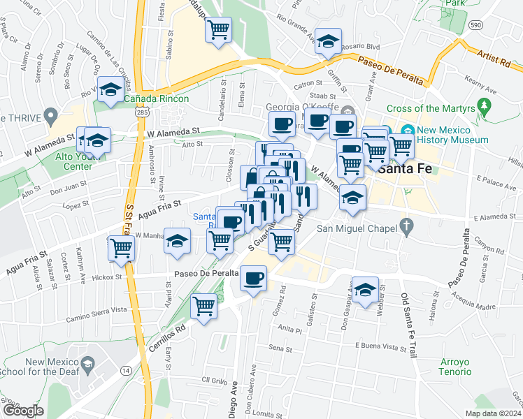 map of restaurants, bars, coffee shops, grocery stores, and more near 418 Montezuma Avenue in Santa Fe