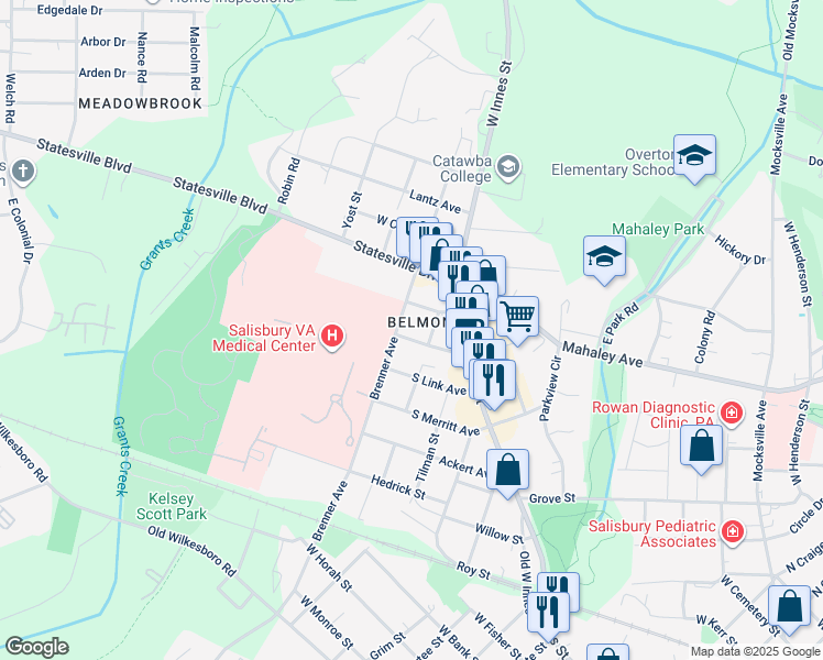 map of restaurants, bars, coffee shops, grocery stores, and more near 212 Overman Avenue in Salisbury