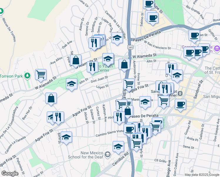 map of restaurants, bars, coffee shops, grocery stores, and more near 331 Urioste Street in Santa Fe