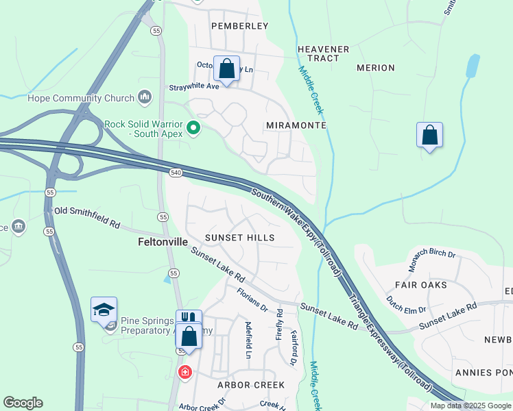 map of restaurants, bars, coffee shops, grocery stores, and more near 405 Thorncrest Drive in Apex