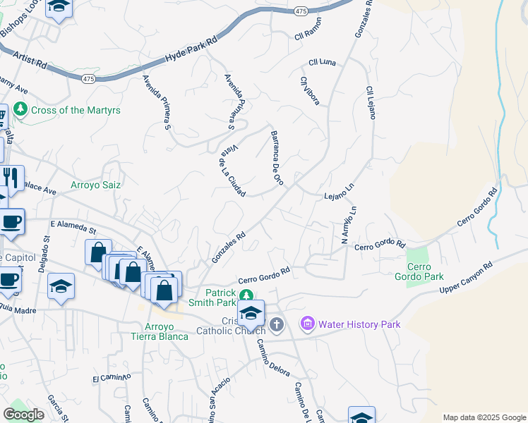 map of restaurants, bars, coffee shops, grocery stores, and more near 1389 Camino Corto in Santa Fe