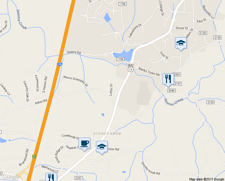 map of restaurants, bars, coffee shops, grocery stores, and more near 25 Loftin Street in Weaverville