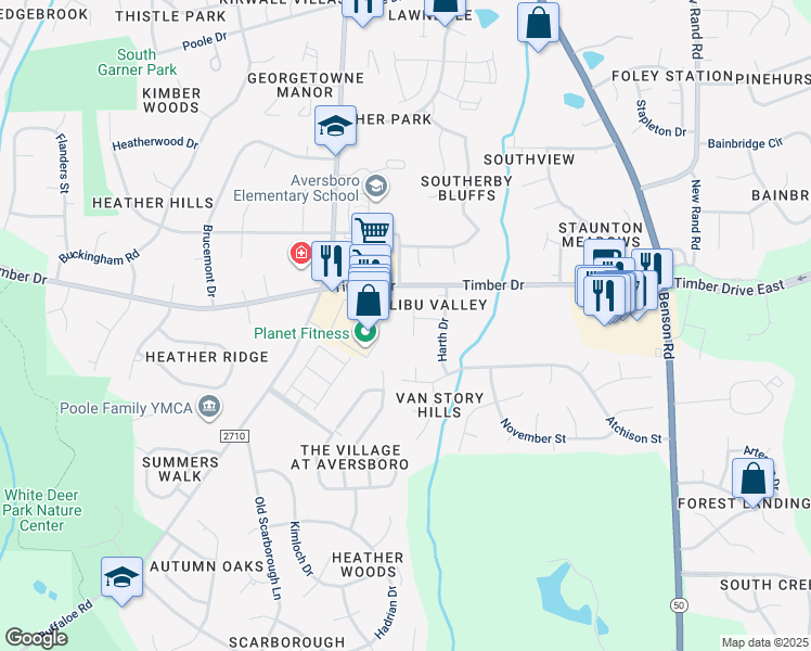 map of restaurants, bars, coffee shops, grocery stores, and more near 107 Baldwin Circle in Garner