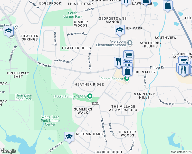map of restaurants, bars, coffee shops, grocery stores, and more near 102 Stowe Place in Garner