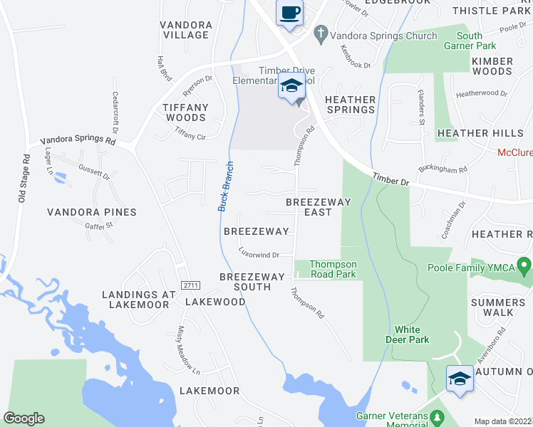 map of restaurants, bars, coffee shops, grocery stores, and more near 130 Briar Rose Lane in Garner