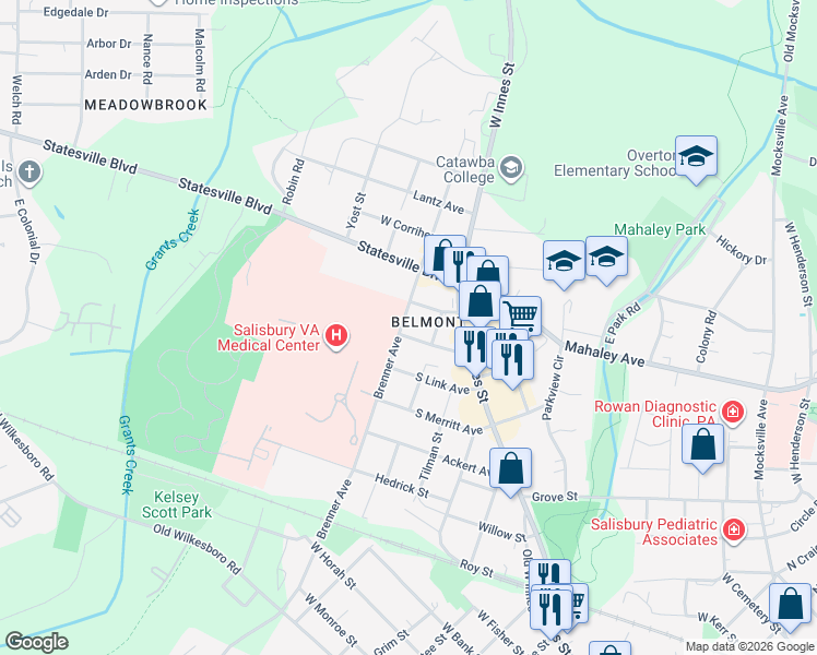 map of restaurants, bars, coffee shops, grocery stores, and more near 1708 Brenner Avenue in Salisbury