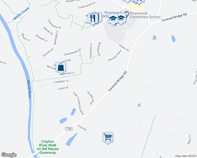 map of restaurants, bars, coffee shops, grocery stores, and more near South Kramer Path in Clayton