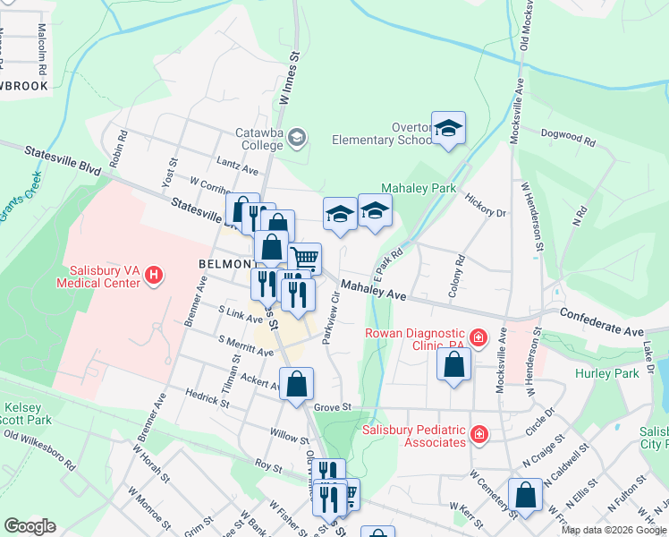 map of restaurants, bars, coffee shops, grocery stores, and more near 198 Mahaley Avenue in Salisbury