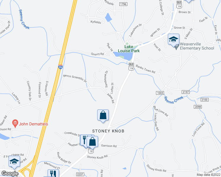 map of restaurants, bars, coffee shops, grocery stores, and more near 14 Loftin Street in Weaverville