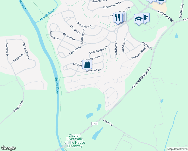 map of restaurants, bars, coffee shops, grocery stores, and more near 272 East Webber Lane in Clayton