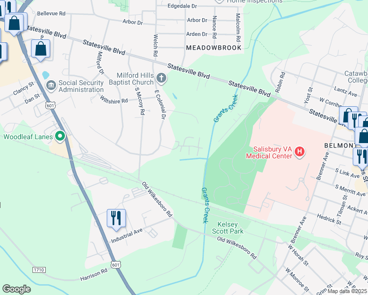 map of restaurants, bars, coffee shops, grocery stores, and more near 303 Larchmont Place in Salisbury