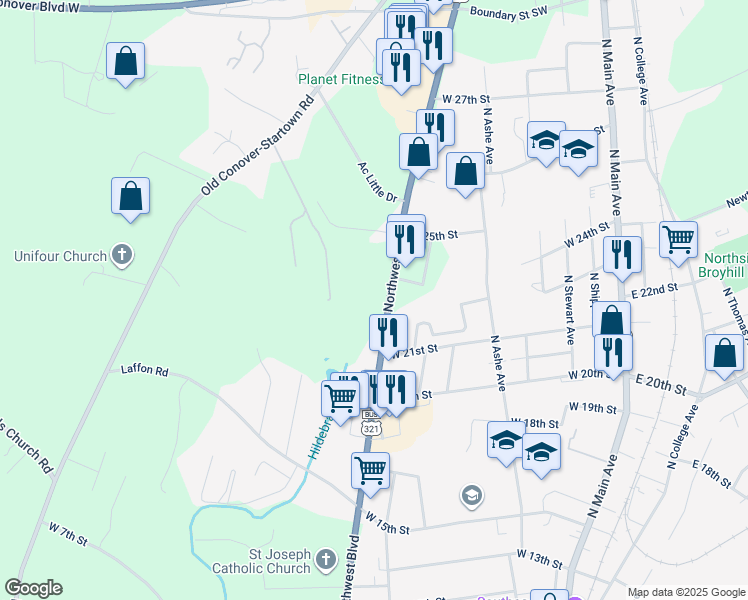 map of restaurants, bars, coffee shops, grocery stores, and more near 2128 Northwest Boulevard in Newton