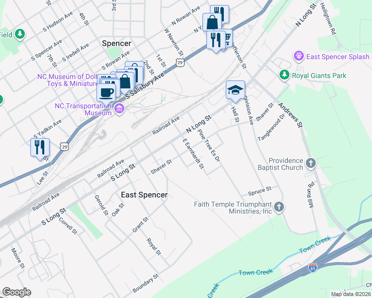 map of restaurants, bars, coffee shops, grocery stores, and more near 114 East Earnhardt Street in Salisbury