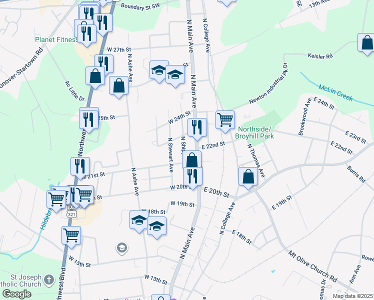 map of restaurants, bars, coffee shops, grocery stores, and more near 2123 North Shipp Avenue in Newton