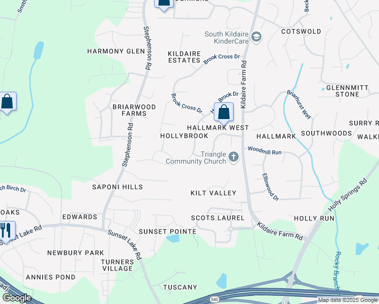 map of restaurants, bars, coffee shops, grocery stores, and more near 4844 Holly Brook Drive in Apex