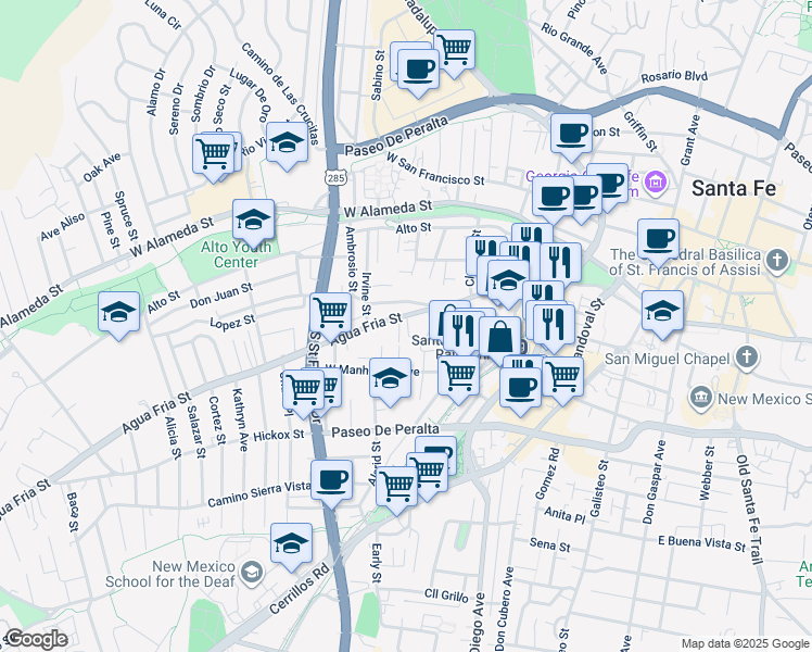 map of restaurants, bars, coffee shops, grocery stores, and more near 724 Agua Fria Street in Santa Fe