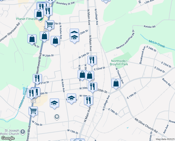 map of restaurants, bars, coffee shops, grocery stores, and more near 2123 North Shipp Avenue in Newton