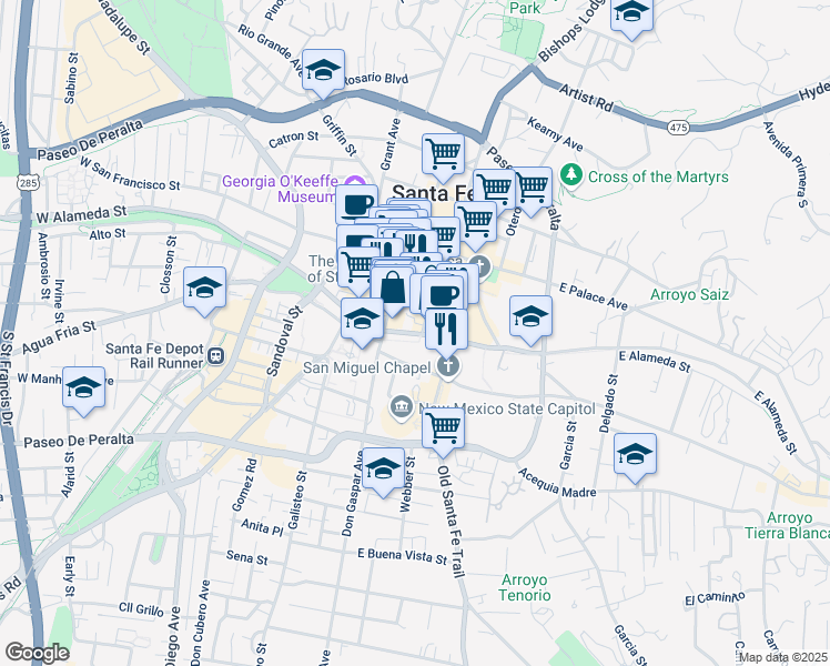 map of restaurants, bars, coffee shops, grocery stores, and more near 121 East Alameda Street in Santa Fe