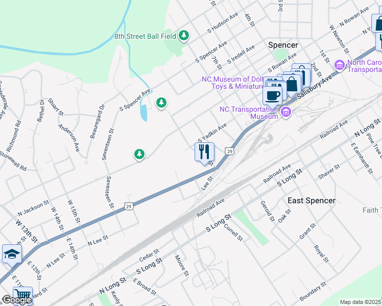 map of restaurants, bars, coffee shops, grocery stores, and more near 123 11th Street in Spencer
