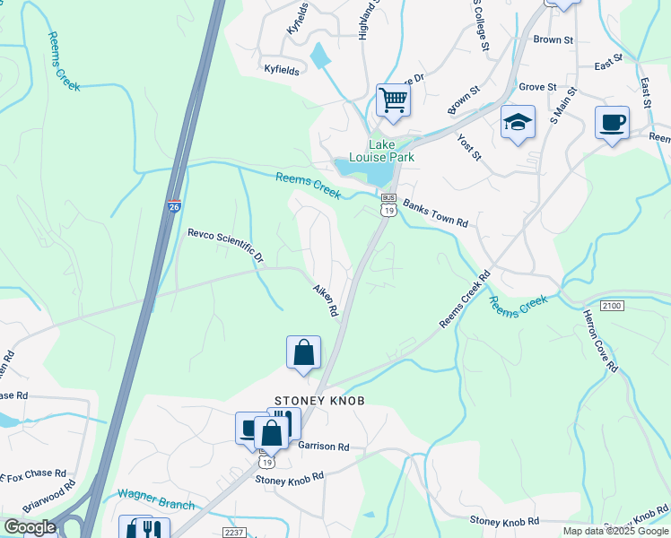 map of restaurants, bars, coffee shops, grocery stores, and more near 29 Loftin Street in Weaverville